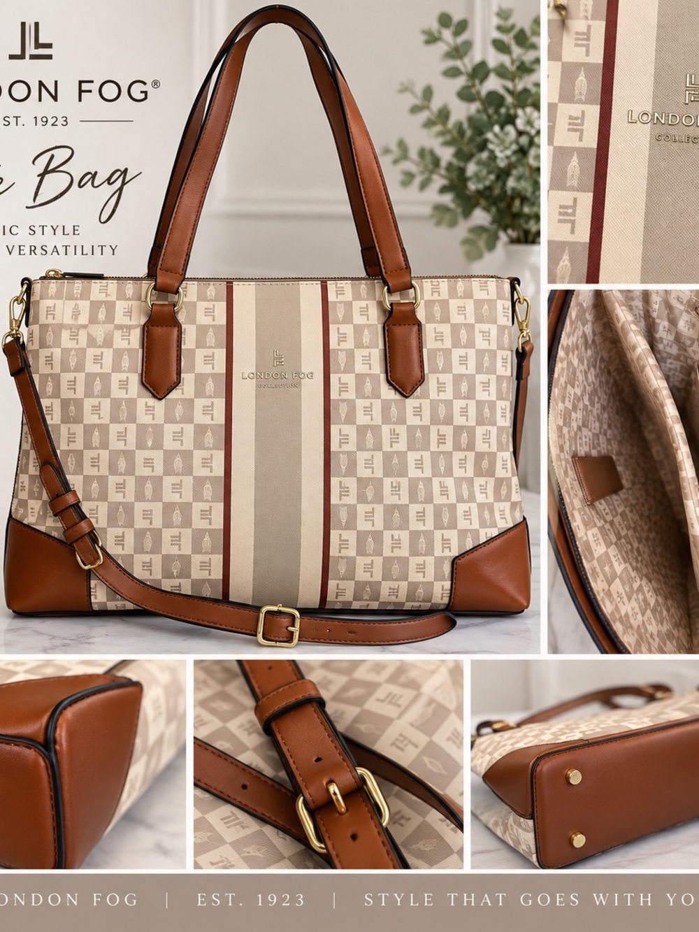 London Fog Beige and Brown Logo Stripe Tote with Tan Trim